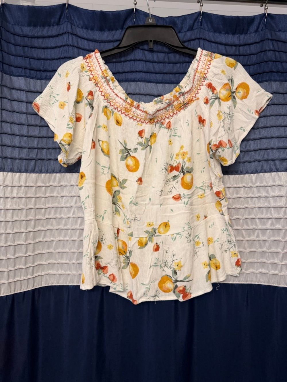 Maurices Cream Floral Peplum Top with Yellow Orange Fruit Print